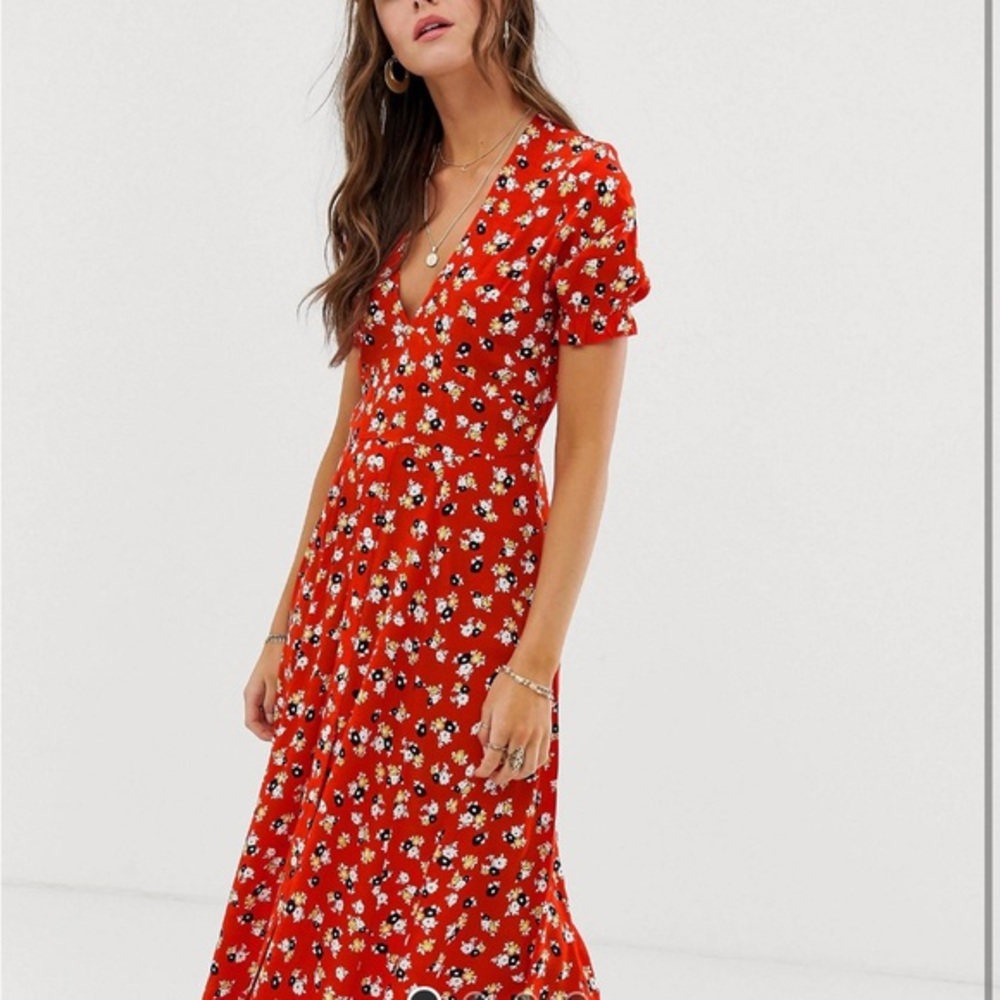 Faithful the Brand Ari Midi Dress Red Floral Size 4 Small
